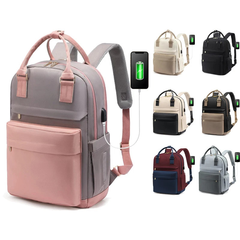 Womens Splicing Bag Basic Nylon Waterproof Fashion Handbag Travel Hiking Usb Port 156 inch Notebook Backpack Street 240807