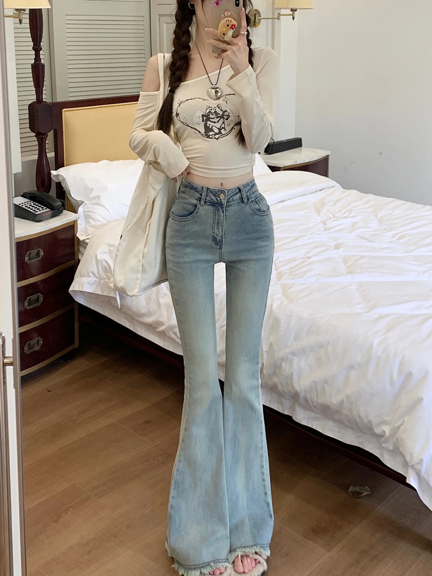 Womens Bootcut Flare Denin Jeans Raw HemStretch High Waisted Elegant Slim Curvy Strtchy Jean Bell Bottomkorean y2k clothing 240807