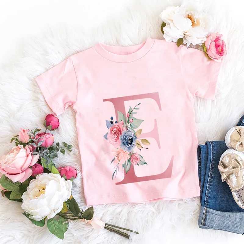 Retro floral T-shirt cotton pink lucky letter 26 English letters A B C D childrens girl boy trend T casual shortsW240718