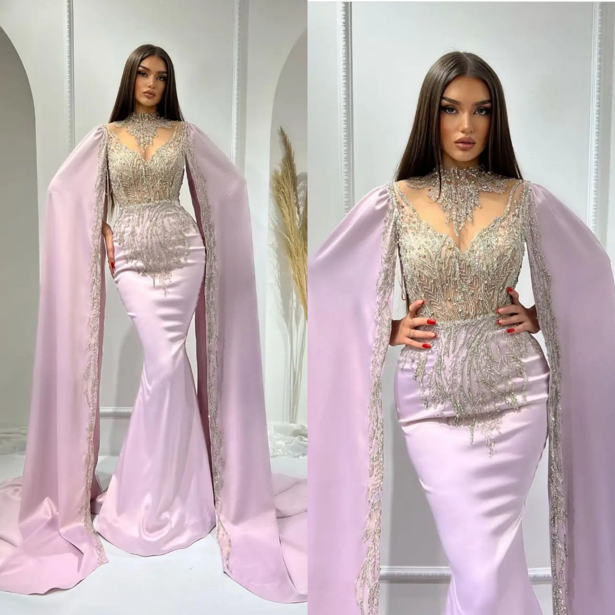 Designer Mermaid Evening Dresses High Collar Long Sleeves Gown Sequins Crystal Sweep Train Dress Party Prom Custom Made