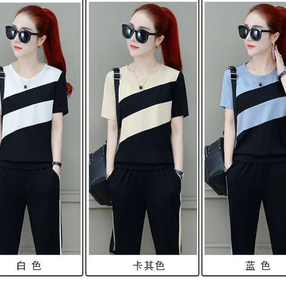 Womens Sports Suit Spring Summer Korean Loose Short Sleeve Tops And Pants Two Piece Set Student Casual Running Outfits 240807