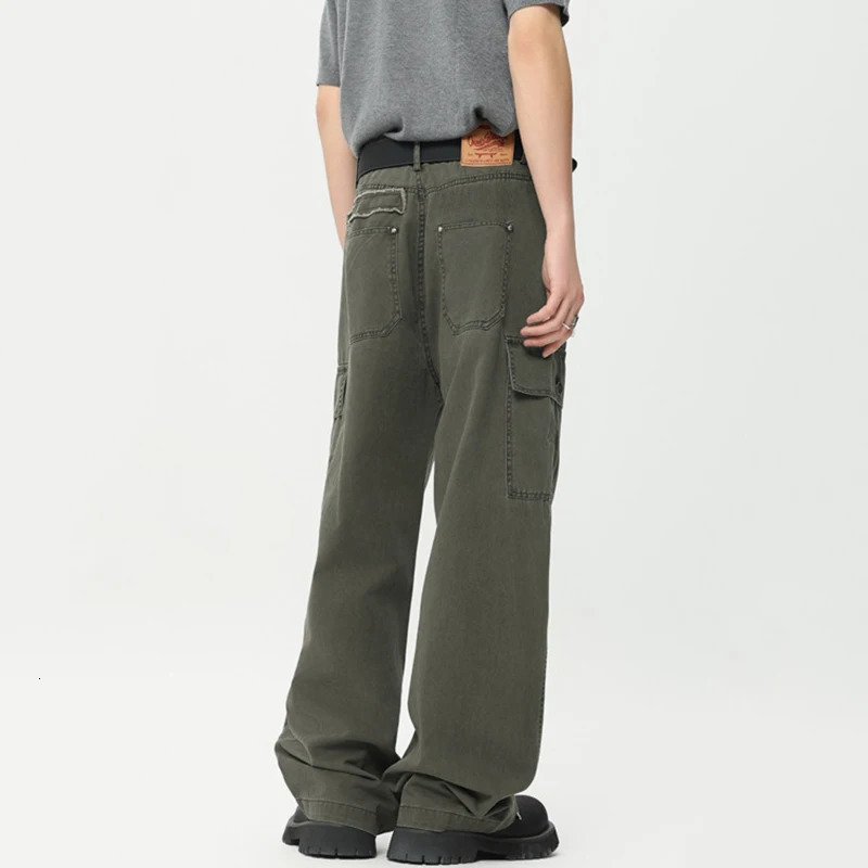 IEFB American Style Mens Overalls Washed Rough Edge Design Vintage Trendy Male Cargo Pants Straight Multipocket 9C6623 240806