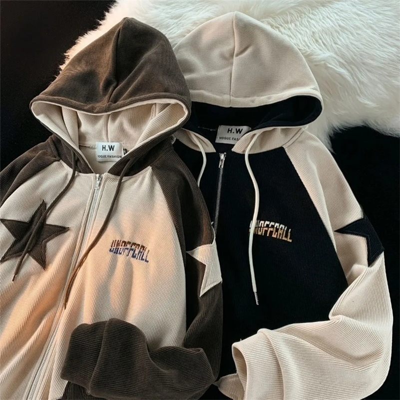 Y2K Harajuku Style Fashion Star Patch Zipper Hooded Women Streetwear Casual Joker Sweatshirt Unisex Stitching Tops 240806