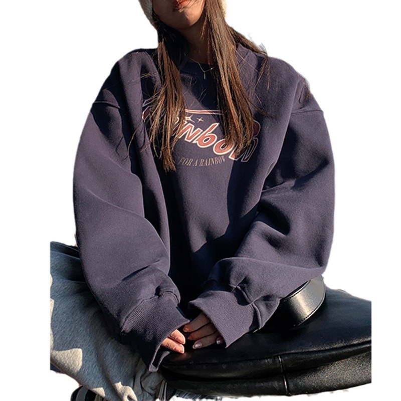 Plush loose casual hoodie for women in autumn and winter, ancient round neck long sleeved base shirt, top, clothing