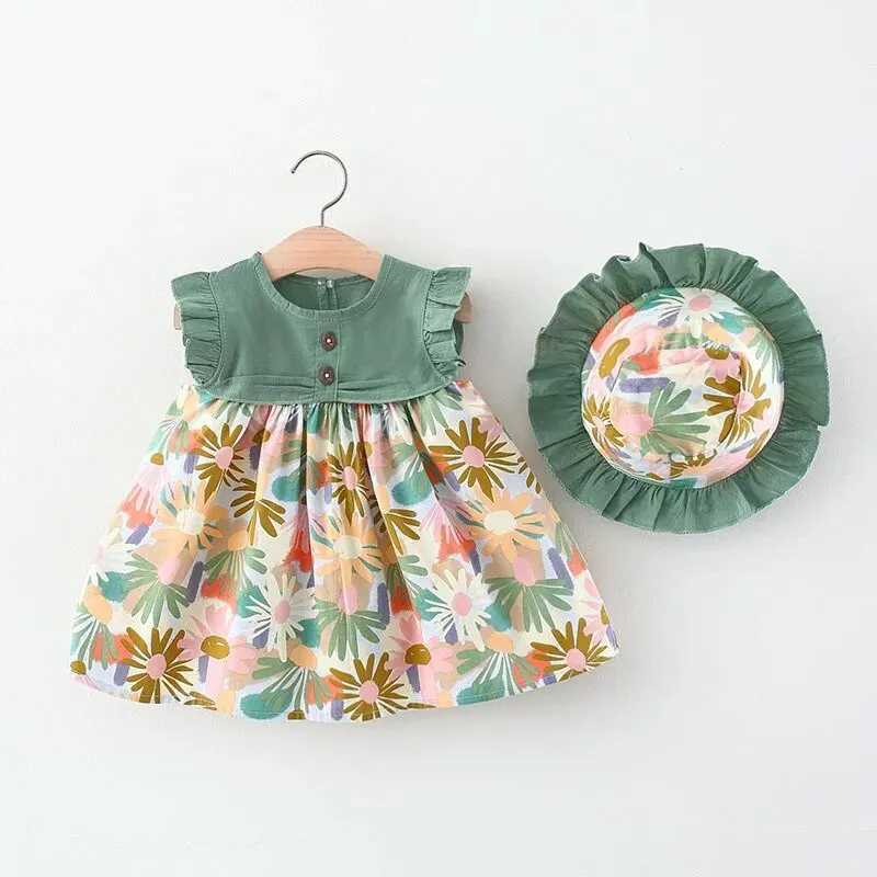 New summer girls floral dress girls sleeveless pure cotton newborn birthday dress with sun hatW240720