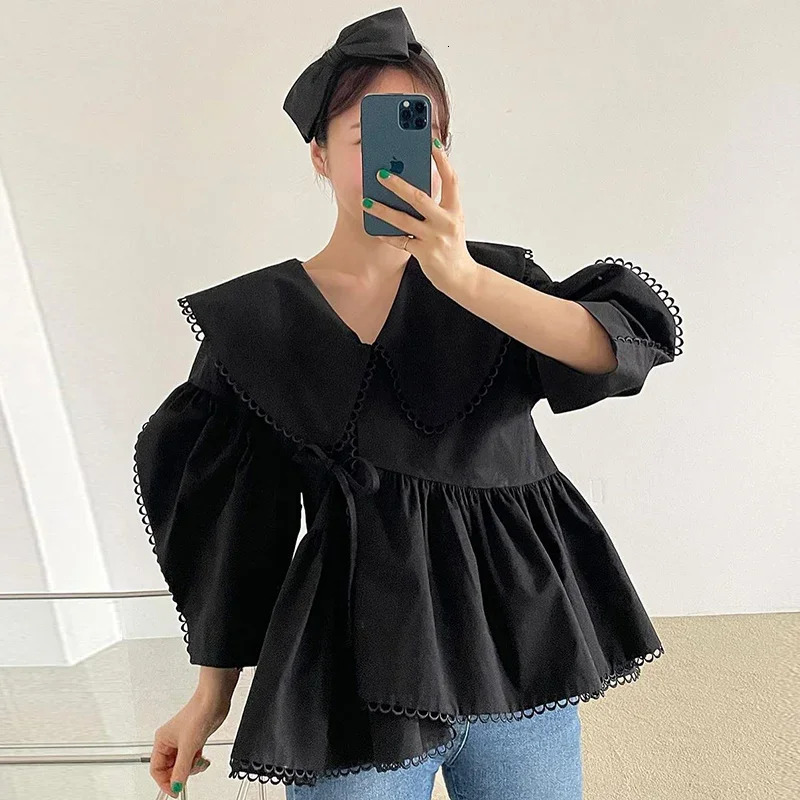 Irregular Lace Up Slim Waist Vintage Blouse Women Korean Style Chic Loose Casual Streetwear Shirts Spring Autumn Blusas 240816
