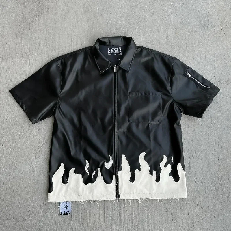 Summer Leather Short Sleeve Y2K VIntage Harajuku Fashion T-shirt Mens Street Hip Hop Casual Collar Zipper T-shirt Top 240807
