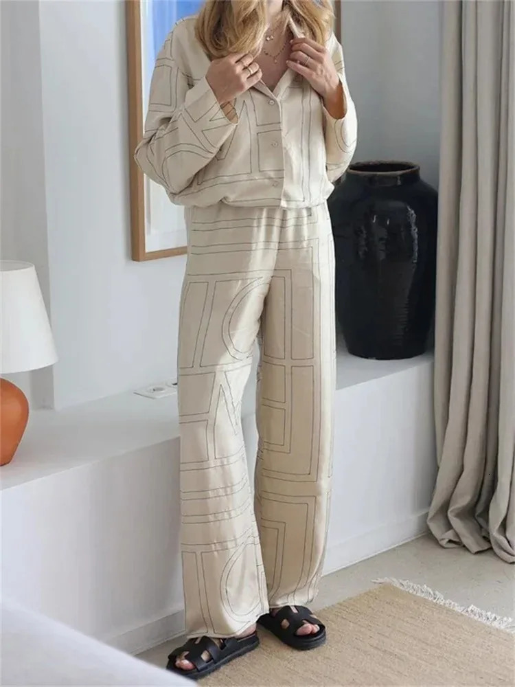 Tossy casual decal print 2-piece set for womens Trouser fashion collar shirt evening dress ultra-thin high waisted womens pants set240806