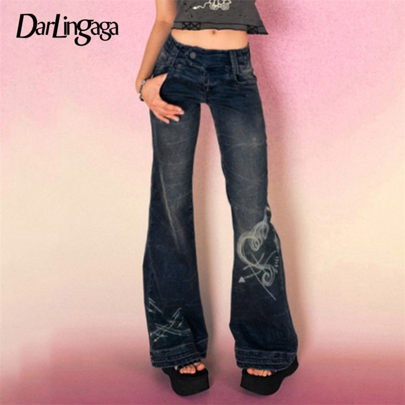 Darlingaga Y2K Grunge Fairycore Chic Skinny Low Rise Flared Jeans Women Vintage Aesthetic Heart Printed Denim Trousers Boot Cut 240806