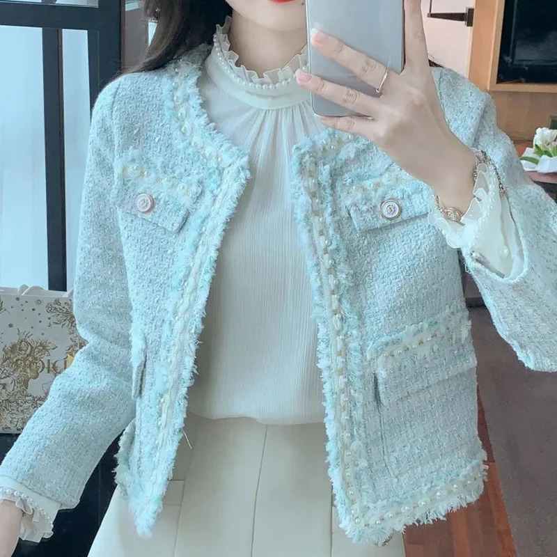 Hdspq Elegant Striped Cropped Jackets Women Autumn Long Sleeve Tweed Jacket Woman Korean Style O Neck Coats Outwear Ladies 240806