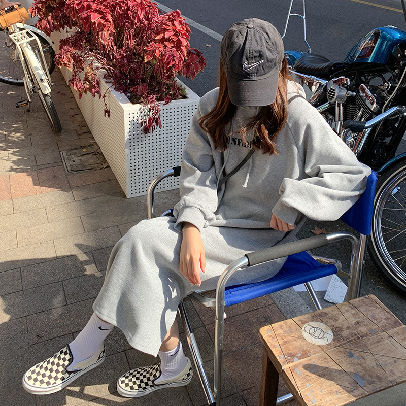 Autumn/Winter New Korean BF Style Split Hem, Loose Slim, Plush and Thick Over Knee Hoodie Long Dress