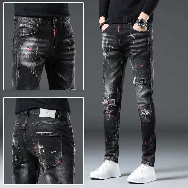 High Street Fashion Casual Ripped Jeans Mens Patch Teenagers Cowboy Paint Splash Ink Black Pencil Pants Skinny Jeans Men M250316