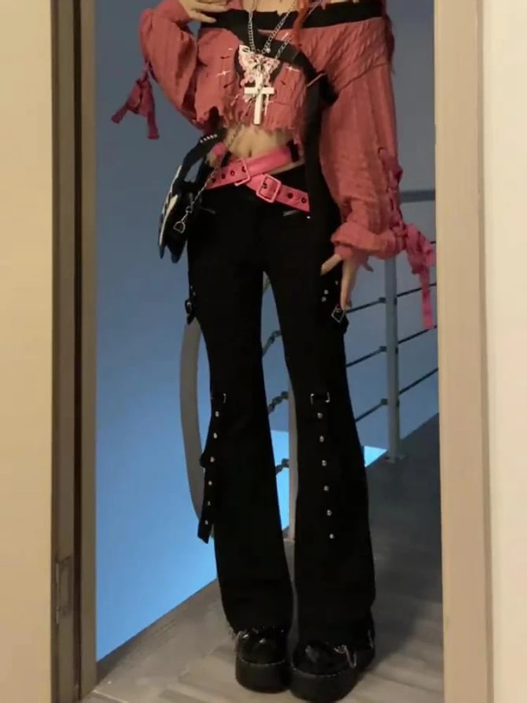 Woman Slim Trousers Stretch Jeans Denim Pants Low Waist Bell Bottoms Solid Color Low Waist Floor-Length Gyaru Bandage Y2k 240807