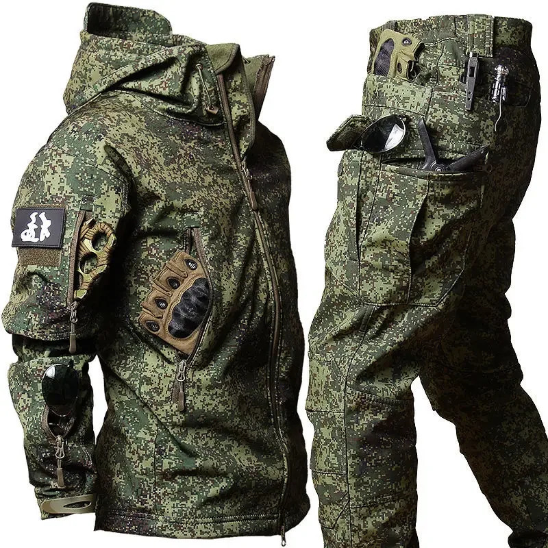 Mens Winter Jacket Sets Fleeced Sharkskin Windproof Waterproof Padding Suits Paintball Uniform Pockets Camo 240806