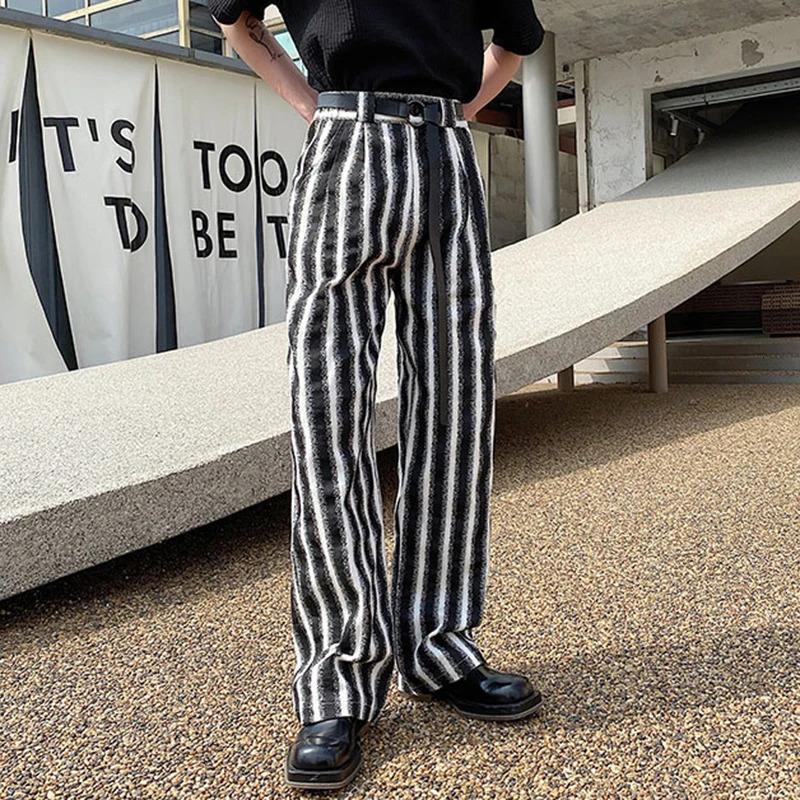 PFNW Chic Male Causal Trousers Belt Design Personality Washed Stripe Pockets Mens Wide Leg Pants Trend Spring 9C4001 240806