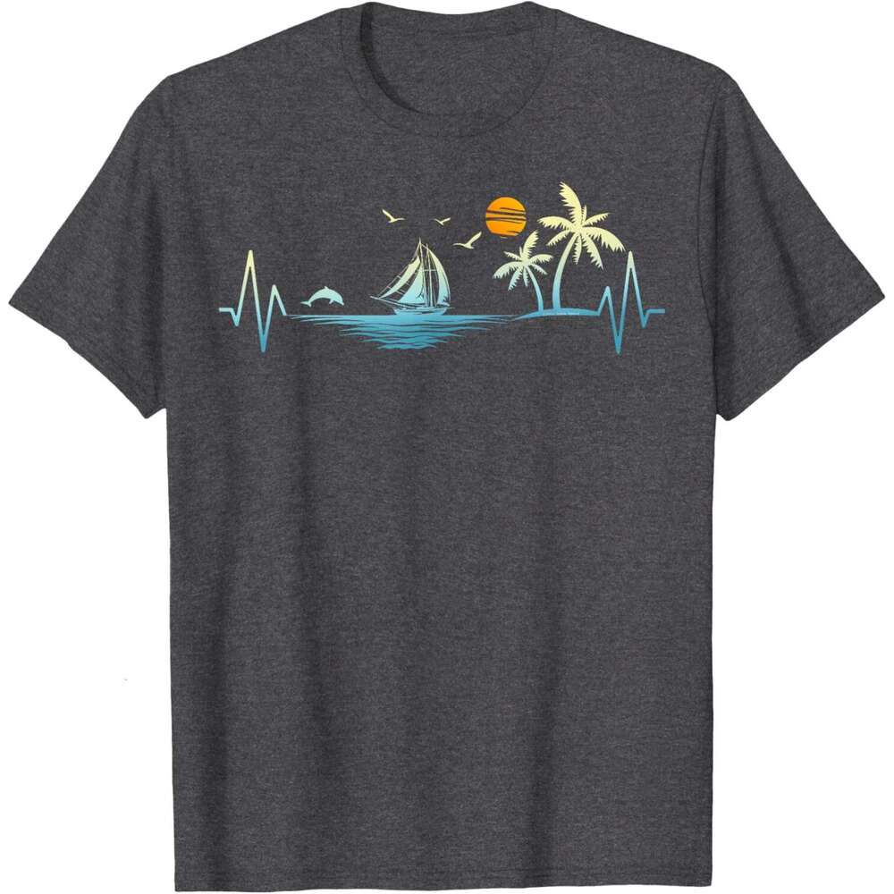 Mens T shirt Heartbeat with Sailboat Tropical Palm Trees Beach Island T-Shirt shirts tshirt graphic tee Casual tops summer clothes Short sleeve Free s