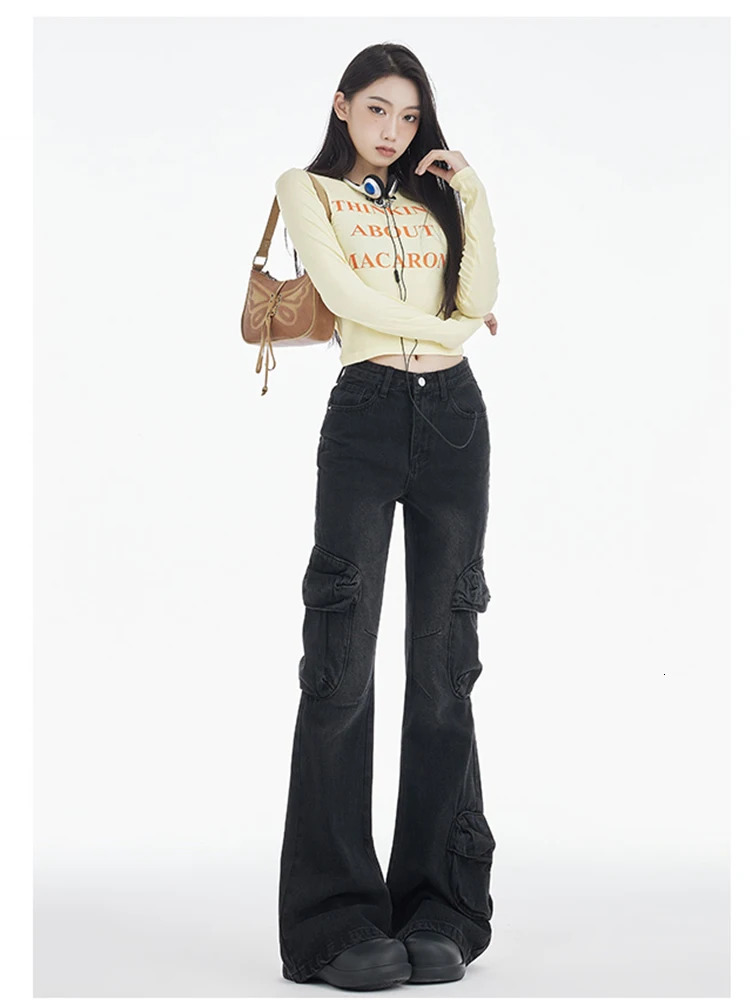 Women Low Rise Japanese Cyber Punk Harajuku Fashion Bell Bottom Denim Pants Flare Jeans Y2k Streetwear Grunge 2000s Aesthetic 240807