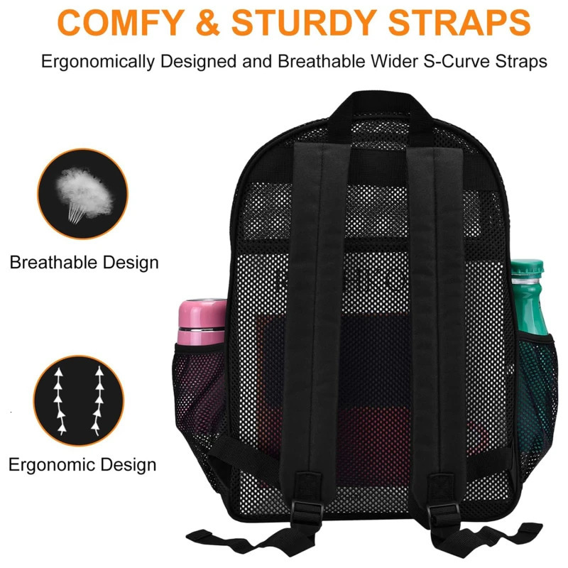 Fashionable womens transparent mesh backpack suitable for both boys and girls lightweight Rucksack travel black student bag 240807