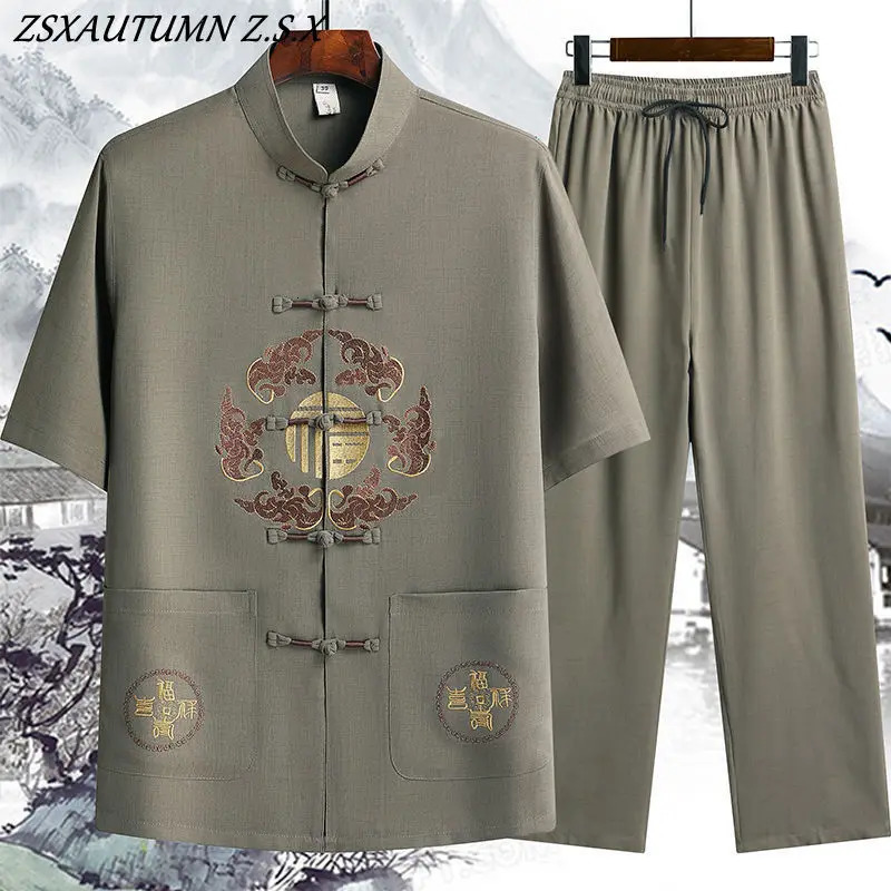 Modern Tang Suit Mens Embroidery Summer Chinese Style Short-sleeved Trousers Suit Casual Breathable Vintage Men Two-piece Set 240813