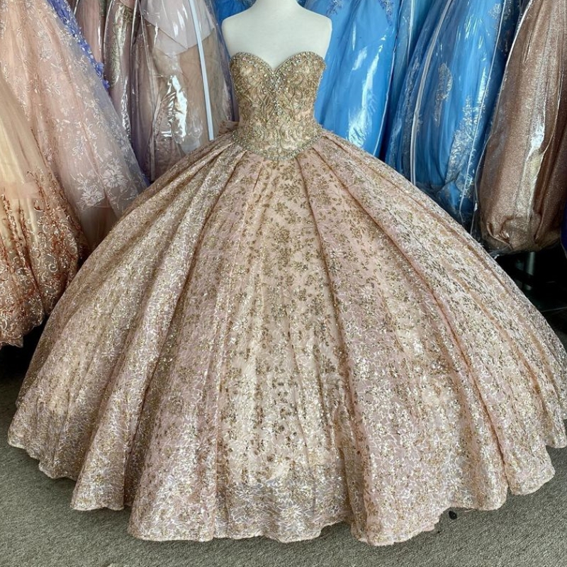 Sparkly Pink Quinceanera Dresses Ball Gown Off Shoulder Sequins Applique Beads Bow Sweet 16 Dress Lace-up Vestidos De XV 15 Anos