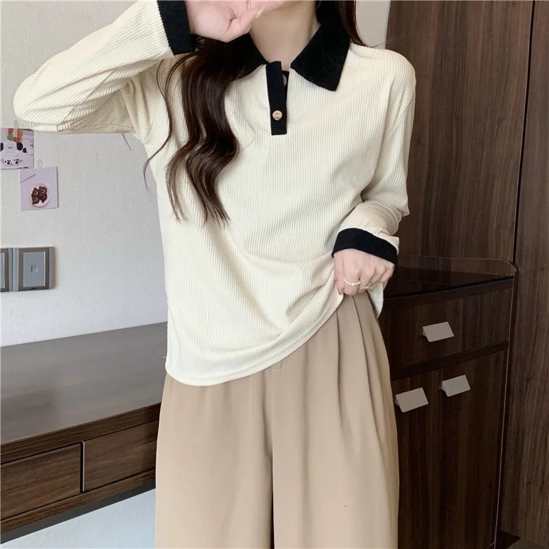 Women Polo Collar Long Sleeve T-shirt Loose Slimming Fashion Versatile Color Block Top Underwear Small Shirt 240806