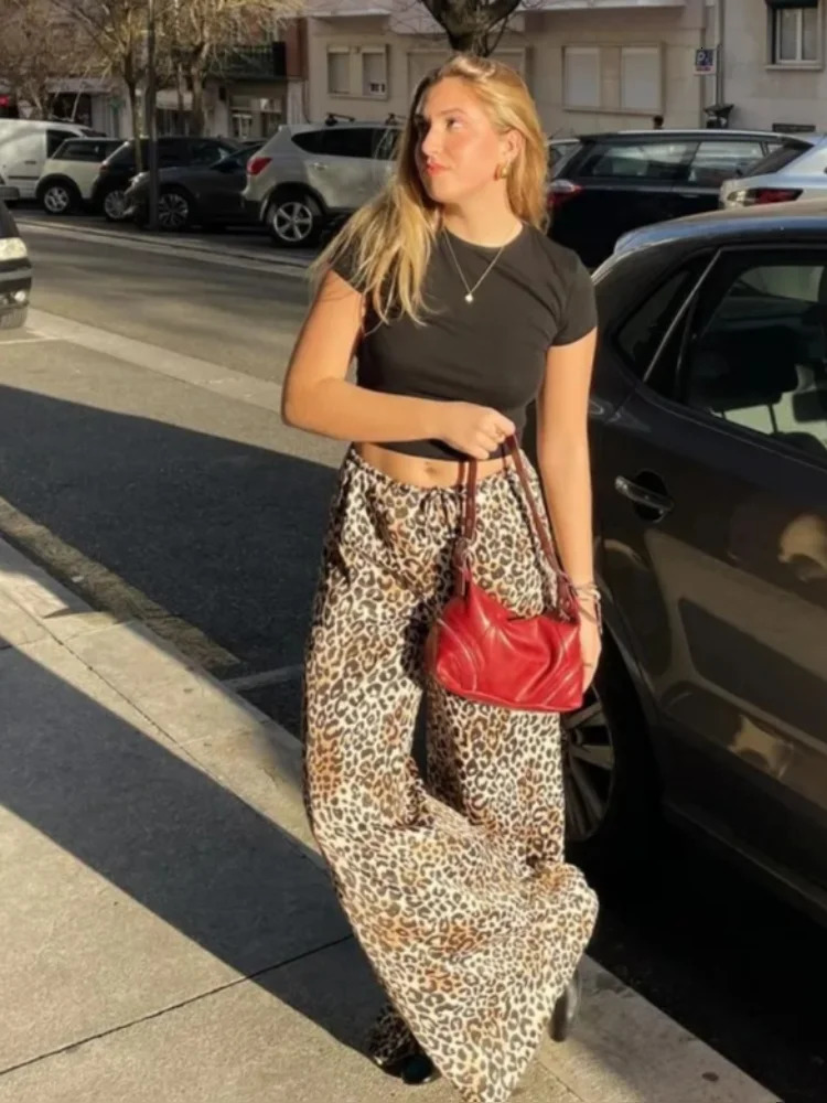 Vintage Leopard Print Pants Women Casual Loose Lace Up Wide Leg Trousers Female Summer Fashion All-match Lady Streetwear 240807
