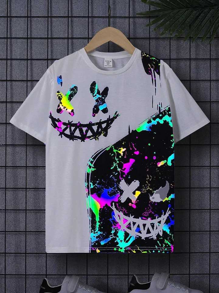 Boys fashionable glowing 3D printed T-shirt loose casual round neck short sleeved T-shirt summer childrens street clothing top childrens clothingW2407