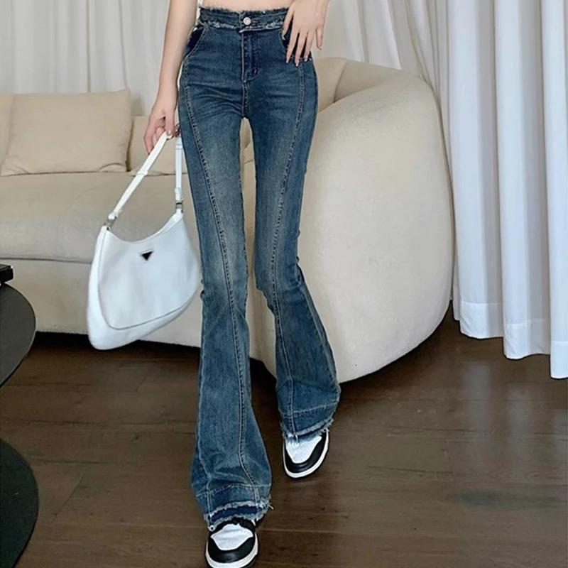 Woman Korean Y2k 2000s Flare Jeans Girls High Waist Fashion Slim Fit Bell Bottom Pants Female High Street Blue Denim Trousers 240807