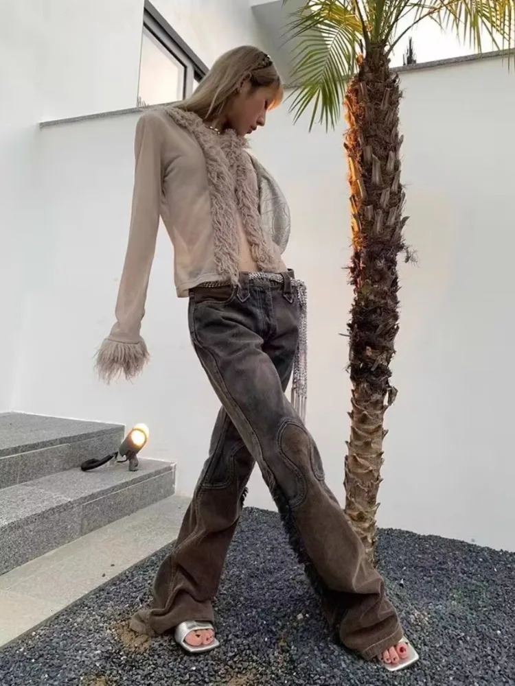 Y2k Grunge Punk Denim Wide Leg Pants Women Heavy Washed Brown Straight Trousers Autumn Vintage High Waist 240807