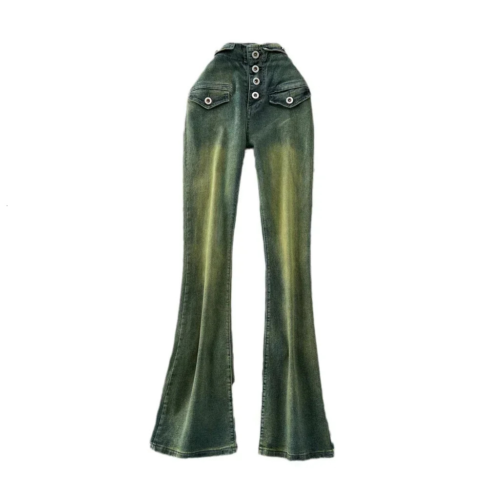 Women Jeans with Front Single Breasted Button Up Flare Pant Slight Bootcut Bell Bottom Denim Pants y2k Tie Dye Green Cloth 240807