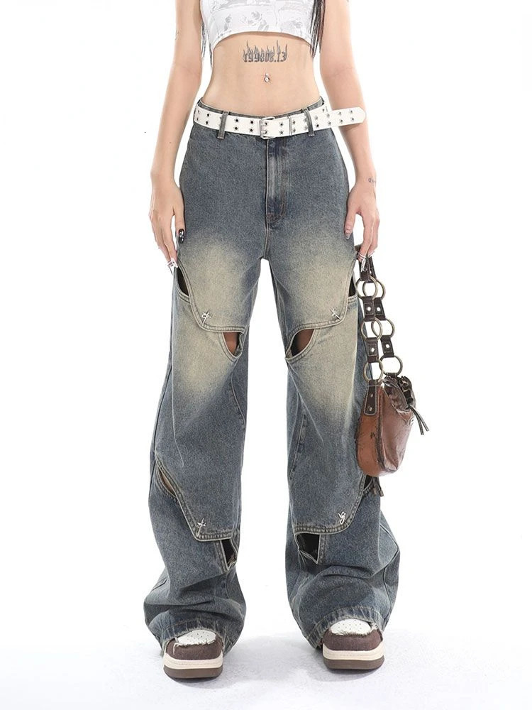 Men And Women Ragged Pants Splicing Washed Hollow Jeans Y2K American Retro Gothic Punk Style Loose Casual Wideleg 240806