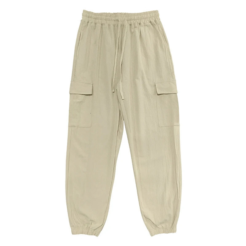 Autumn Casual Mens Cotton Pants Fashion Solid Color Drawstring Loose Cargo For Men Vintage Patchwork Pockets Design 240806