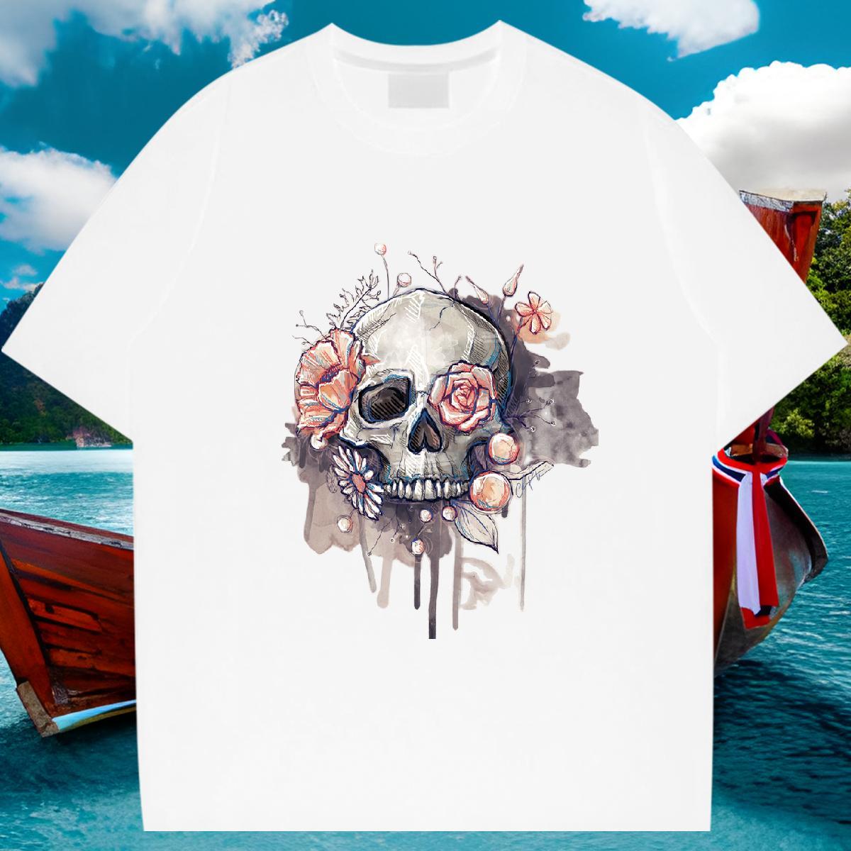 Free Shipping T shirt skull Top Tees 230g 100% Cotton Beach Loose Fit DIY Printed Round Neck Short Sleeve Mens Tshirts