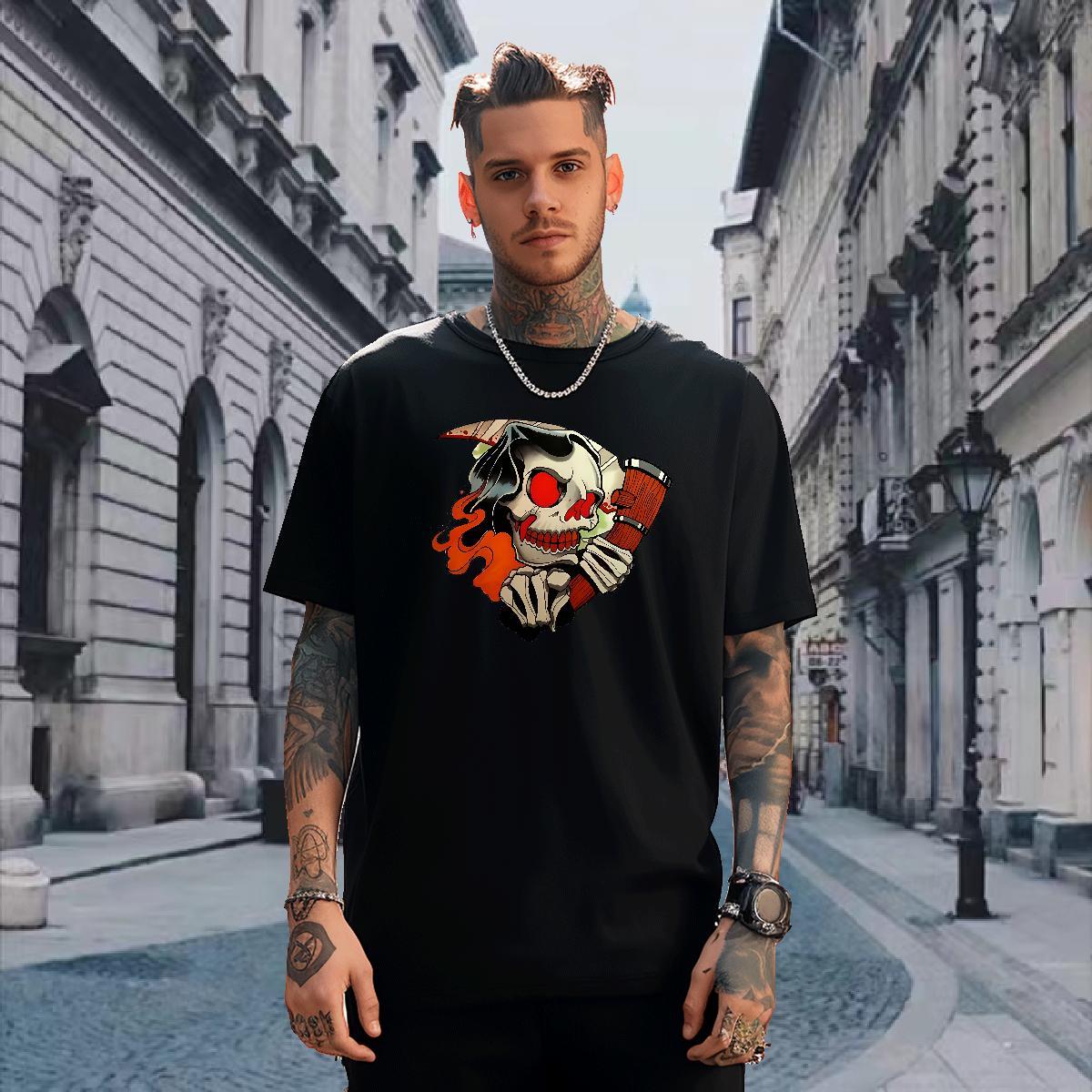 Factory Direct Men T Shirts skull Clothes 230g Pure Cotton Casual Loose Fit DIY Printed Breathable Short Sleeve Men Tops Tees