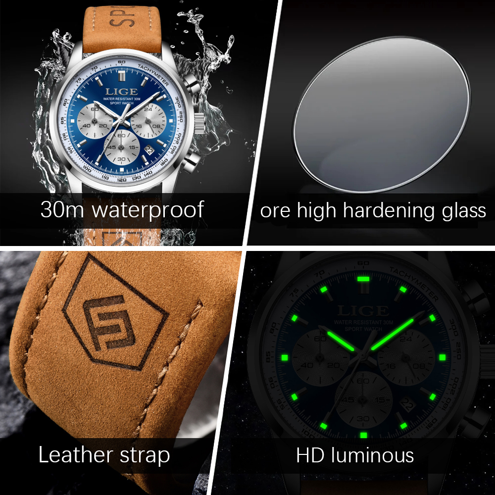 LIGE Luxury Mens Watches High Quality Waterproof Chronograph Luminous Man Wristwatch Leather Men Quartz Watch Casual