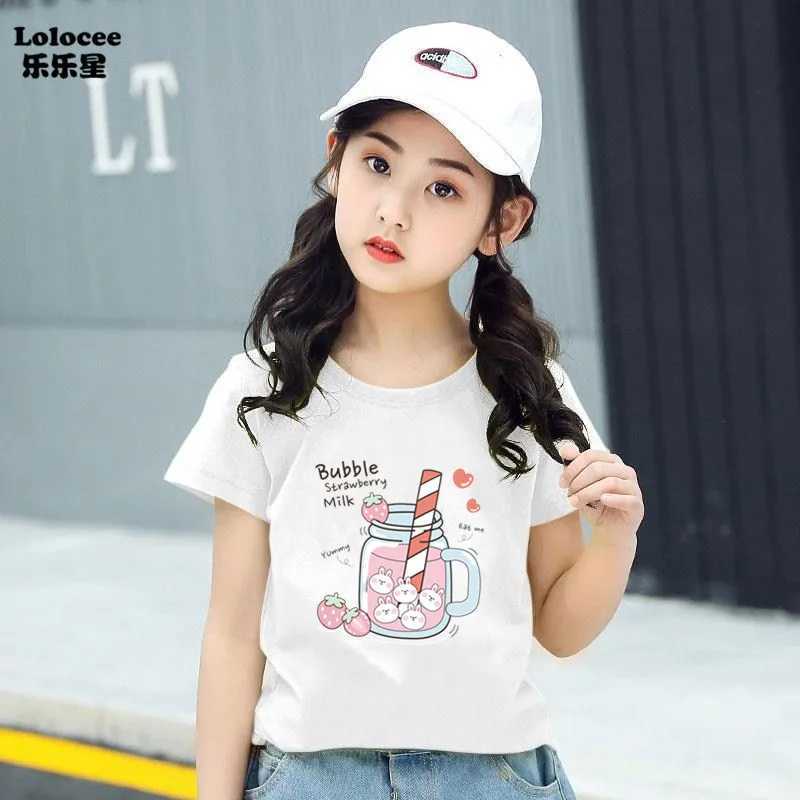 Cute strawberry milk milkshake cartoon T-shirt for girls childrens short sleeved graphic pink top T-shirtW240718