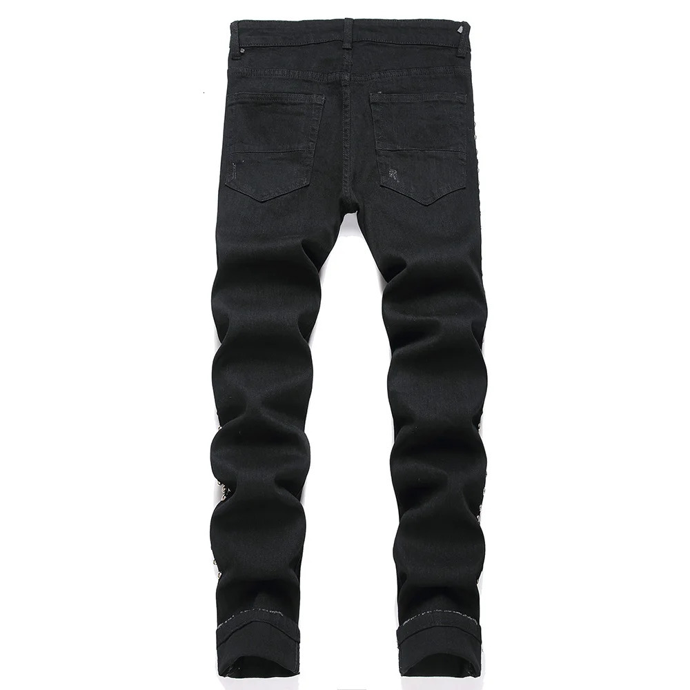 Men Punk Rivet Crystal Black Jeans Holes Ripped Denim Pants Streetwear Slim Tapered Stretch Trousers 240806