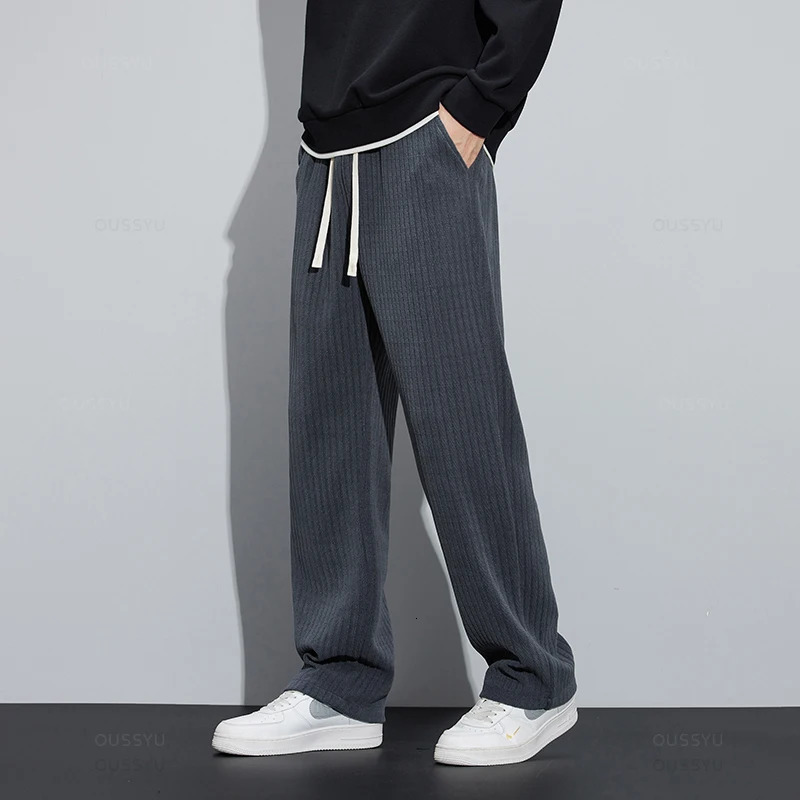 Autumn Winter Soft Stretch Stripe Corduroy Pants Men Thick Elastic Waist Korea Baggy Straight Work Jogger Trousers Male 240806