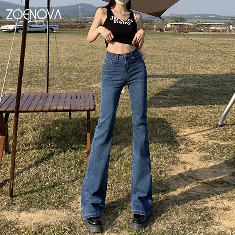 ZOENOVA Korean Flares Fashion High Waist All Match Street Wear Wide Leg Pant Harajuku Solid Color Bell Bottom Trousers Y2k Denim 240807