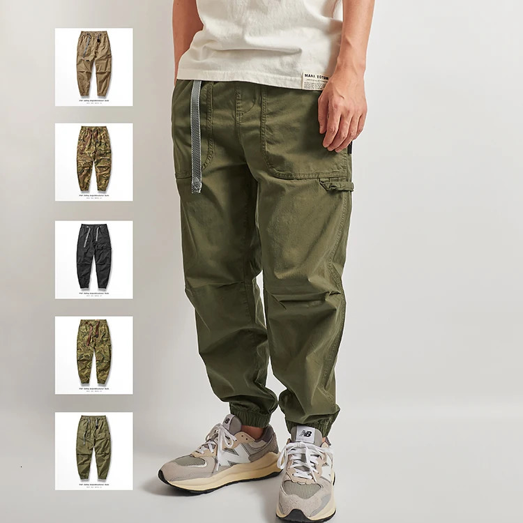 Spring and Summer Japanese Retro Outdoor Thin Cargo Pants Mens 98% Cotton Washed Loose Casual Ankletied 9point Trousers 240806
