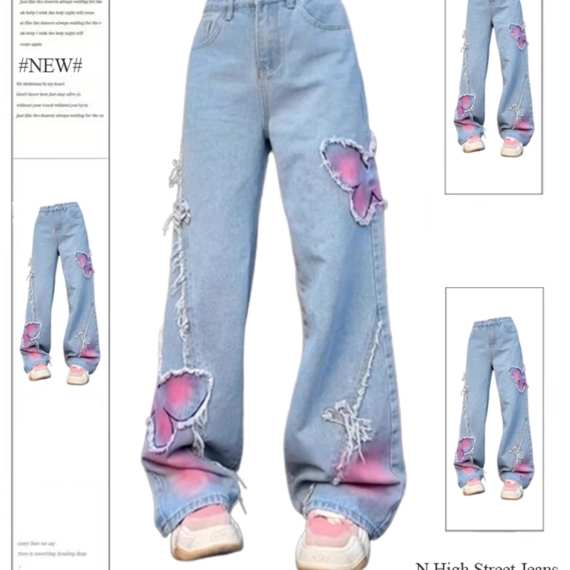Womens Blue Butterfly Jeans Baggy Vintage Y2k Denim Trousers 2000s Harajuku Wide Leg Cowboy Pants Trashy 90s Aesthetic Clothes 240806