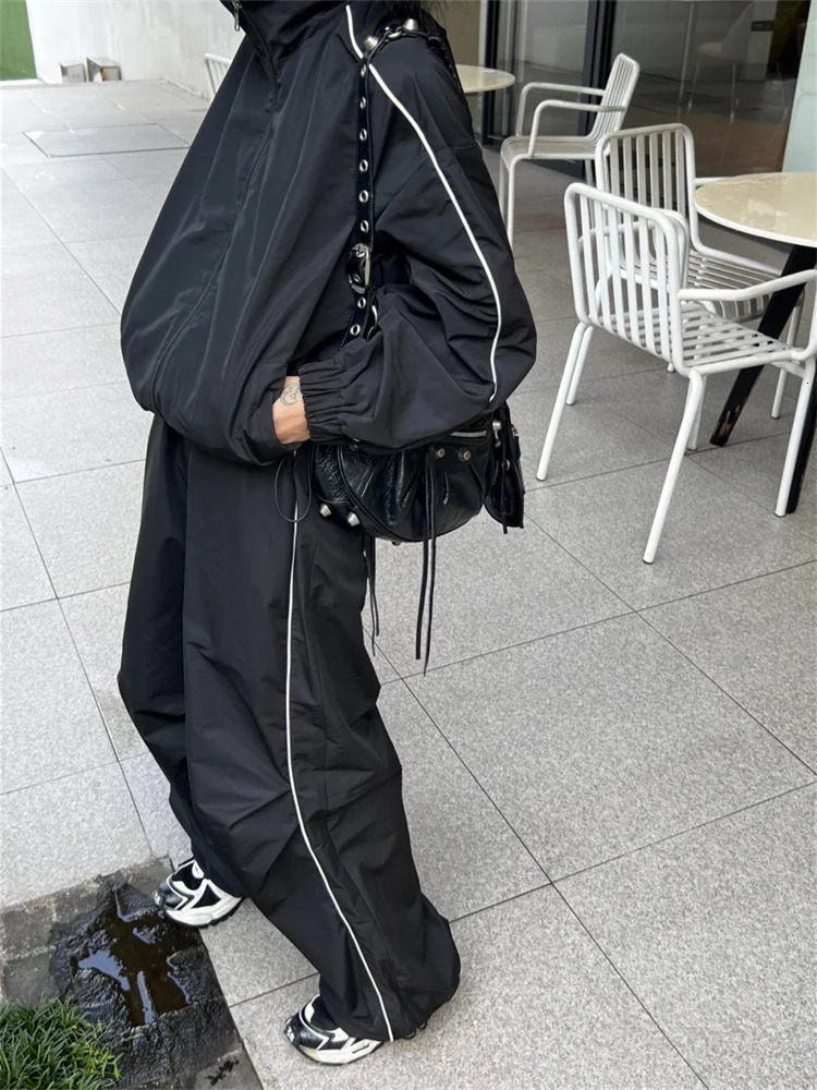 Vintage Black Pants Sets Women Y2K Streetwear Jacket Oversize Wide Leg Track Trousers Gorpcore Two Piece Set Tracksuit 240807