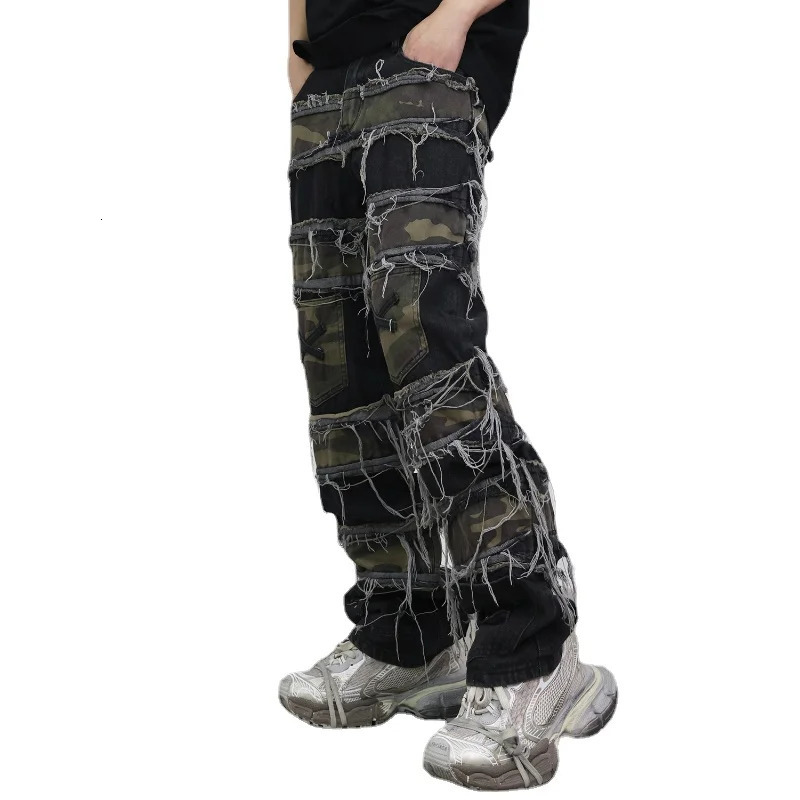 Style Vintage Washed Distressed Ripped Patch Jeans Men Street Hip Hop Erosion Camouflage Destroyed Trousers Women 240806