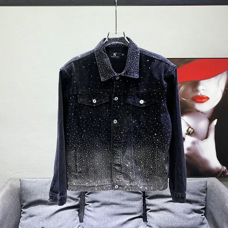 PFHQ High Quality Star Diamond Denim Jacket Mens Casual Loose Trendy Glistan Motorcycle Autumn 21Z2936 240806