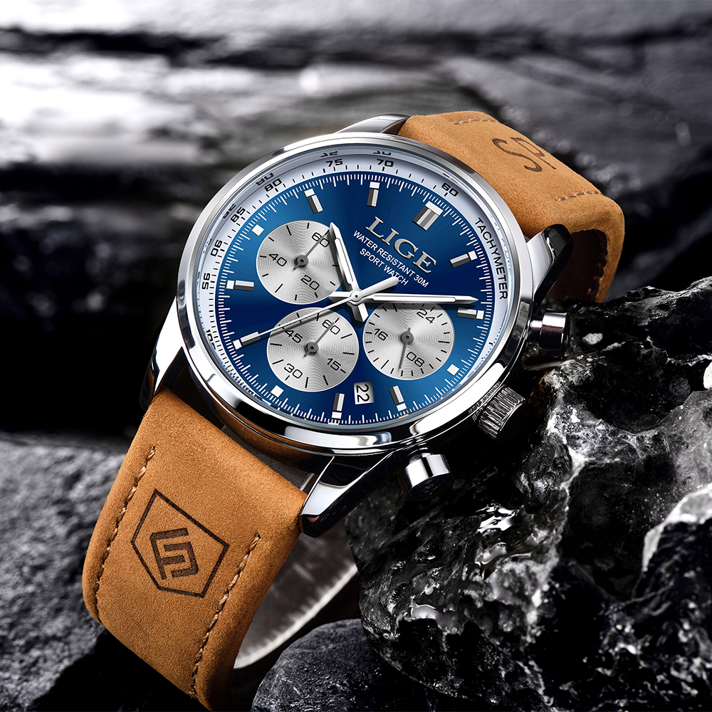 LIGE Luxury Mens Watches High Quality Waterproof Chronograph Luminous Man Wristwatch Leather Men Quartz Watch Casual