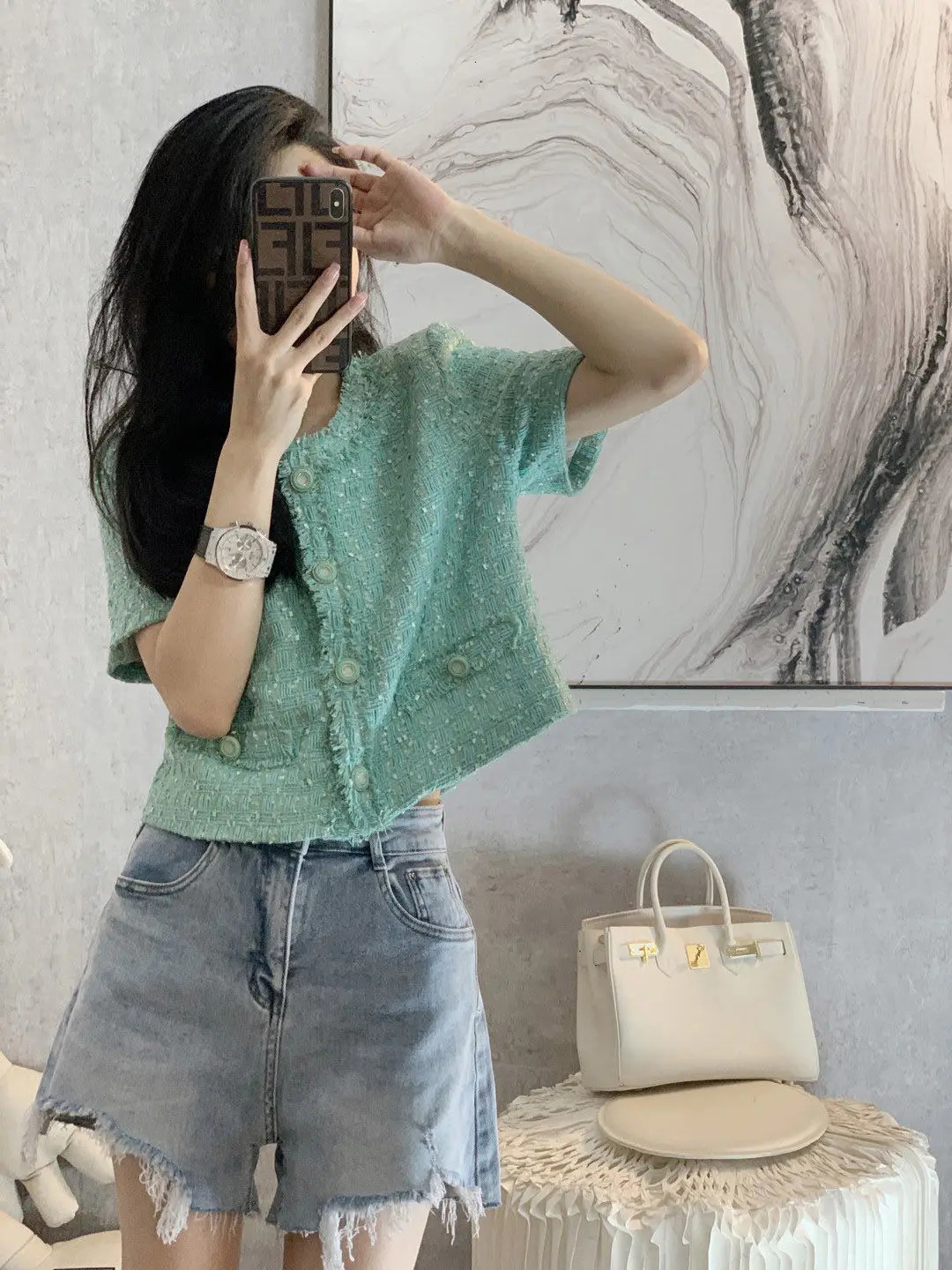 Vintage Fragrant Short Sleeve Jacket Womens Spring/Summer Versatile Fashion Tweed Greent Coat 240806