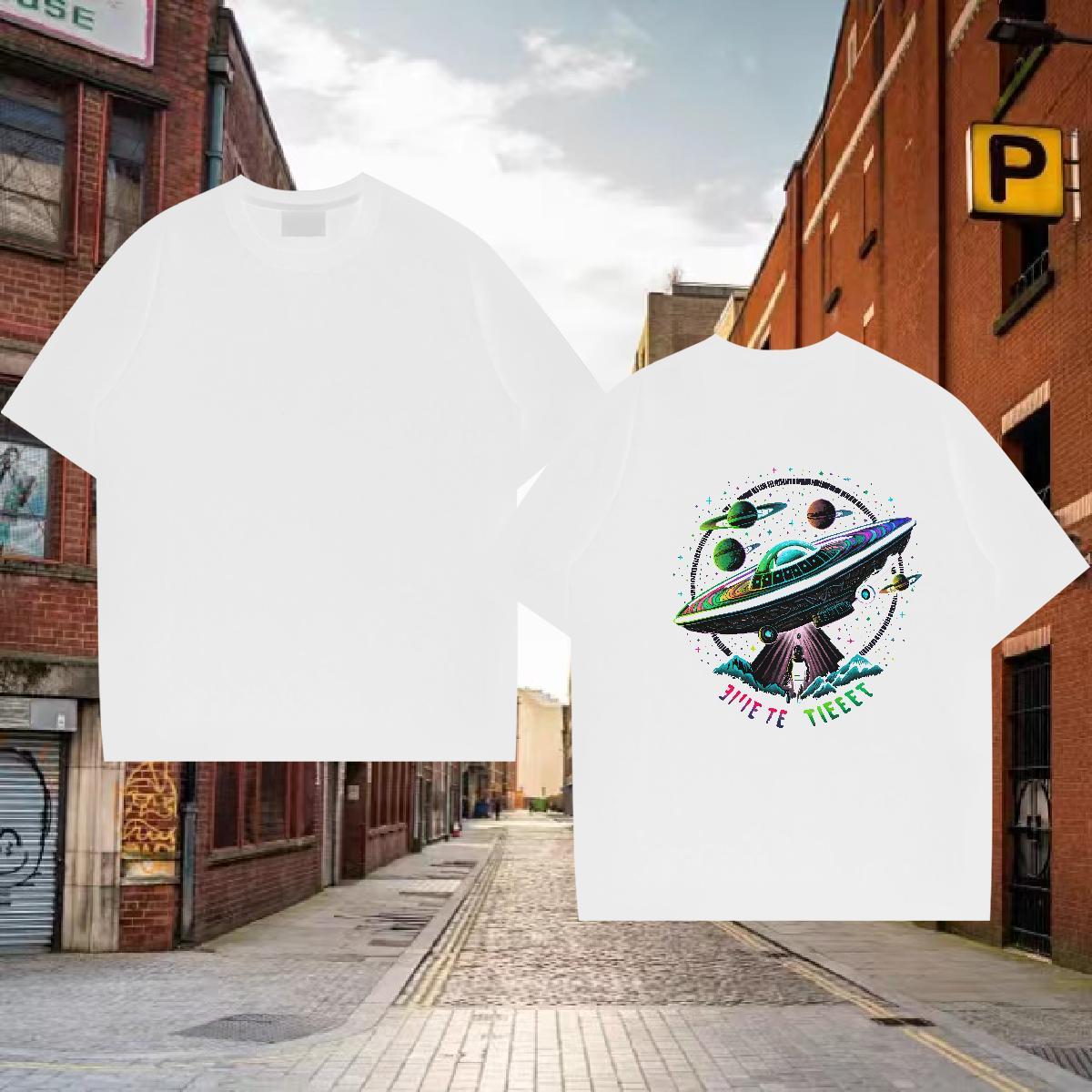 Classic Men T Shirts UFO Tees Shirts 100% Cotton 230g Daily Wear Wholesale Custom Cartoon Crew Neck Breathable Tshirt for Man Woman