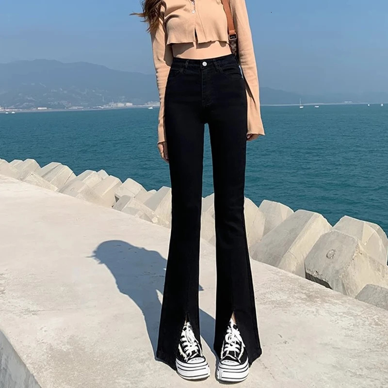 Woman Korean High Waist Flare Jeans Lady Y2k Punk Side Slit Bell Bottom Pants Female Fashion Black Denim Trousers Large Size 240807