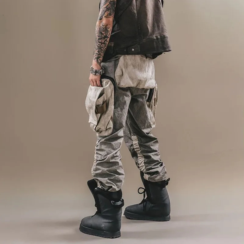HKSH Mens Dark Doomsday Tactical Multi Pockets Waste Land Overalls Vintage Craft Folding Stacking Tie Foot Cargo Pants HK0119 240806