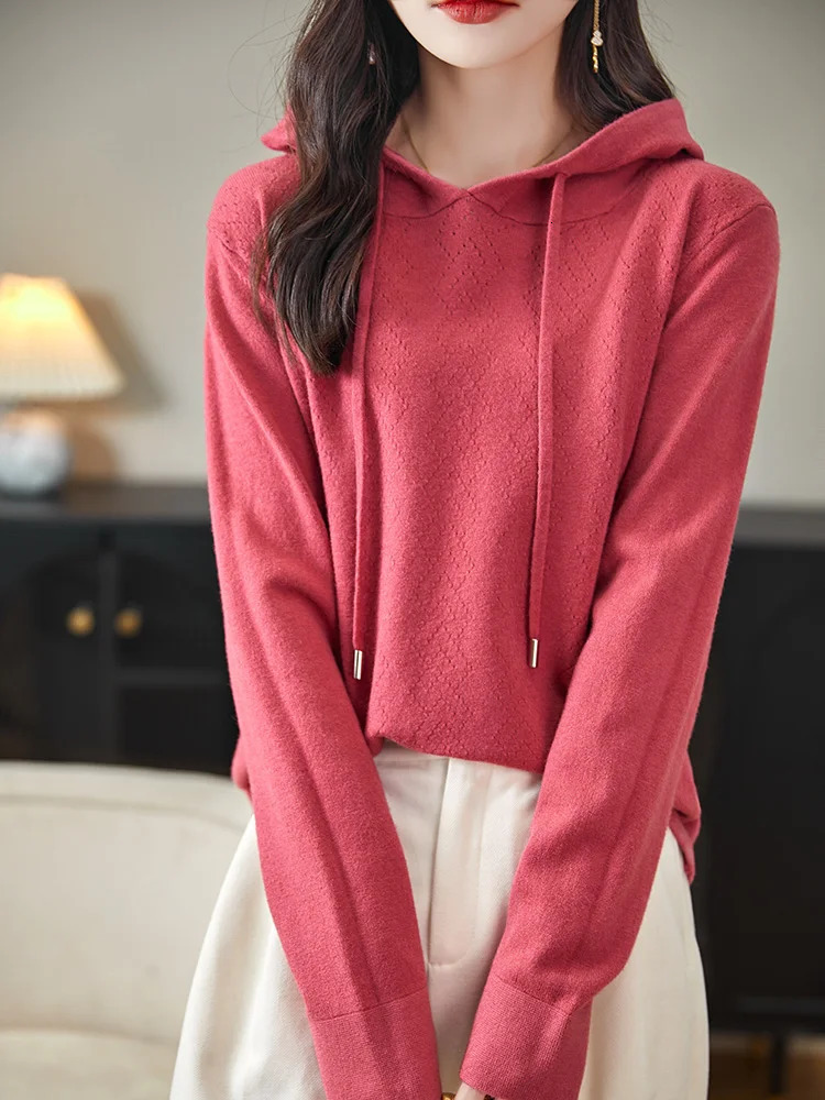 Australian Wool Pullover Hoodie O-Neck Solid Color Knitwear Hoodie Long Sleeved Knit Sweater Women Fashion Leisure Style Top 240807
